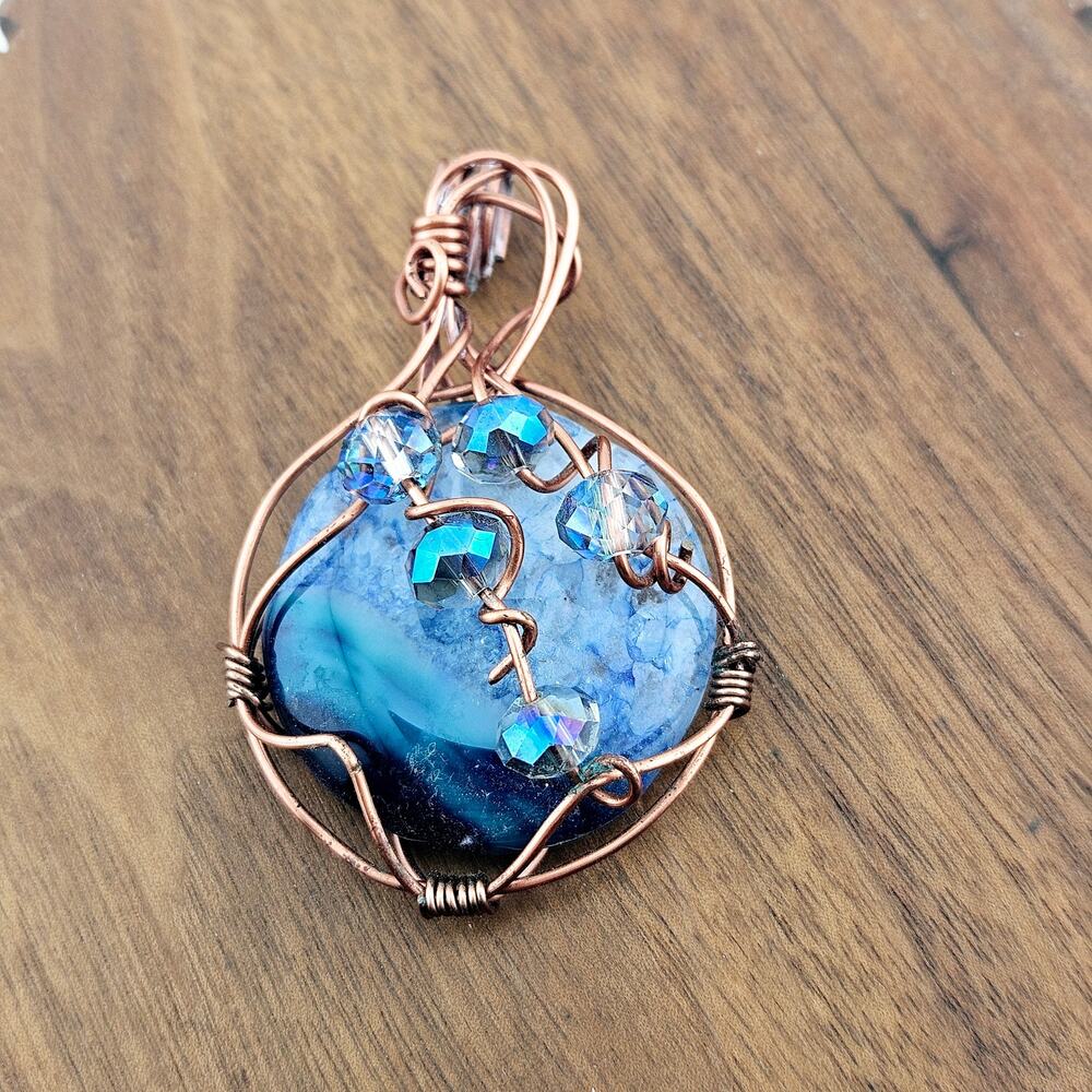 Copper Tone Wire Wrapped Blue Marbled Stone Necklace Pendant Crystal Accents